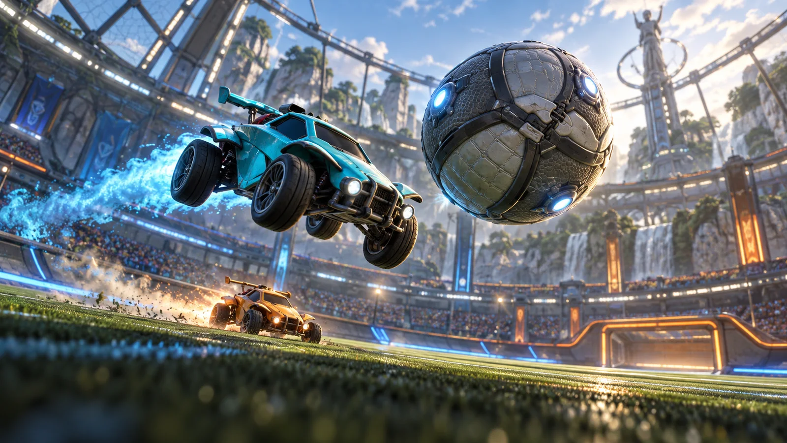A teal rocket car leaps toward a football in a sunlit stadium.