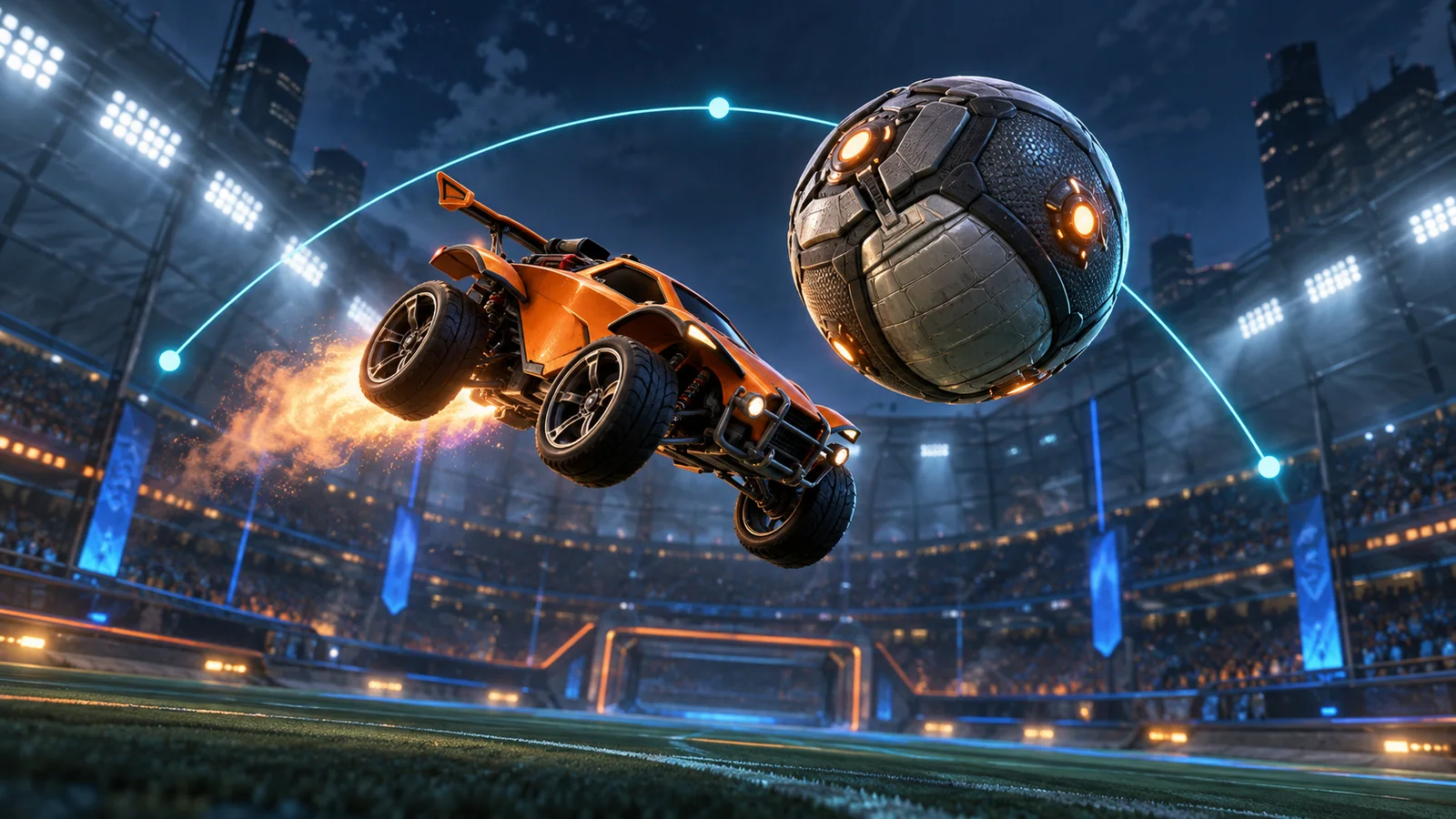 An orange rocket car and football suspended in an aerial play, with a cyan trajectory arc.
