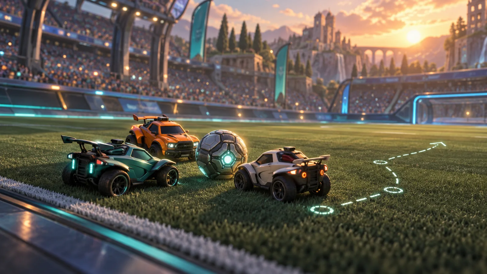 Three rocket cars gather around a football on the pitch at sunset.